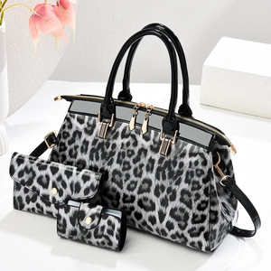 Retro grey leopard print patent leather tote bag 3-piece set with golden hardware details