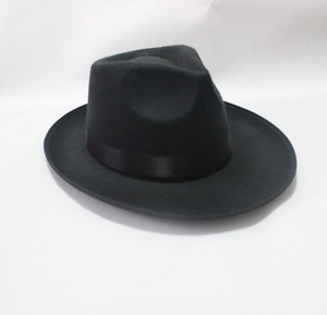 Classic black wide brim wool jazz fedora hat with a satin decorative band on white background