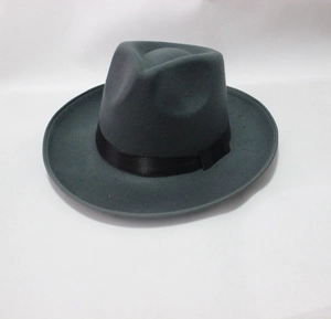 Detailed top view of a dark charcoal wool jazz fedora with a black ribbon band detail