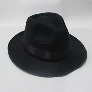 Classic black wool fedora hat with a wide brim and satin band from a high-angle view