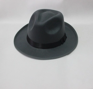 Close-up of a wide-brim dark grey wool jazz hat with a classic black ribbon decoration