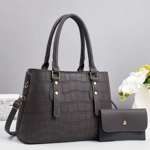 Deep grey crocodile pattern tote bag set with matching wallet and golden hardware