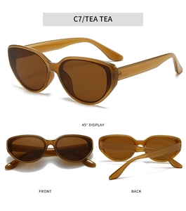Detailed views of vintage brown cat-eye sunglasses from front, back, and 45-degree angles