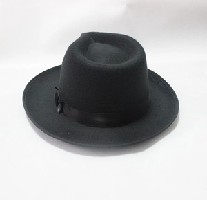 Classic black wool fedora hat with a wide brim and satin ribbon detail for men and women