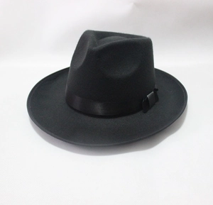 Detail of classic black wool fedora featuring a wide brim and sleek satin ribbon band