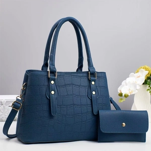 Navy blue crocodile pattern tote bag set with detachable strap and gold hardware