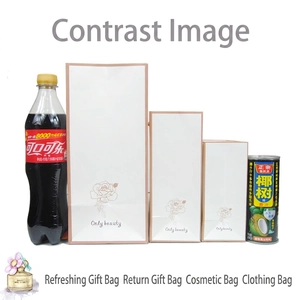 Minimalist white paper gift bags with rose patterns and handles in three sizes