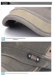 Detail of vintage grey flat top cap showing the curved brim and side metal logo plaque