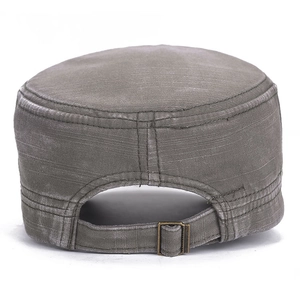 Retro charcoal grey cadet cap with adjustable metal buckle and distressed canvas texture