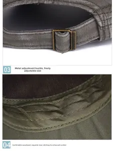 Detail of adjustable brass buckle and premium cotton sweatband on vintage army flat cap