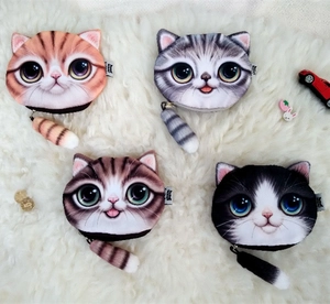 Realistic Cat Head Coin Purse 3D Print Soft Plush Zippered Small Pouch With Long Tail Pull Novelty Gift
