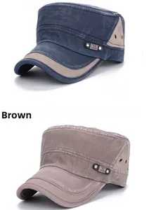 Detail of distressed flat top cadet caps with metal rivets and fashion strap detail