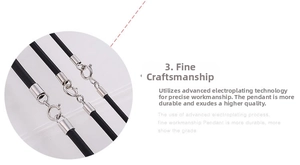 Detail of black rubber necklace cord with silver electroplated spring clasp hardware