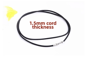 Detail view of 1.5mm thin black rubber cord necklace with silver metal lobster clasp