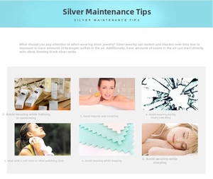 Guide for S925 silver jewelry care showing maintenance tips and cleaning instructions