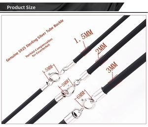 Detail view of S925 silver lobster clasps on 1.5mm, 2mm, and 3mm black rubber cords