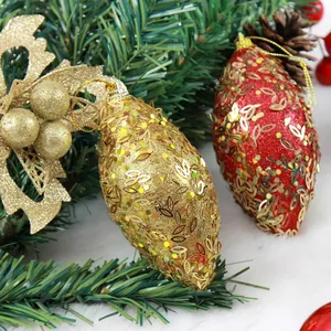 11cm red and gold olive-shaped Christmas ornaments with glitter and leaf patterns