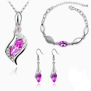 Elegant silver jewelry set with rose pink crystal pendant necklace, earrings and bracelet