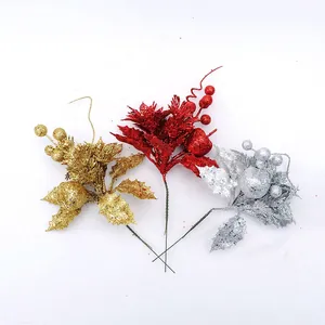 Golden red and silver glitter Christmas floral picks with berries and pine cone decor
