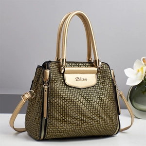 Elegant champagne gold Boston bag with geometric pattern and metal circular handle