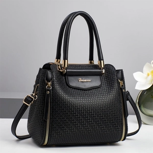 Classic black embossed PU leather handbag with gold hardware and top handle strap