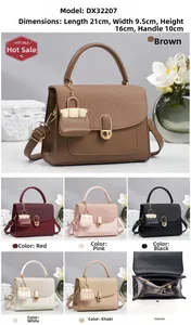 Detail view of woven texture lid and dimensions of small crossbody handbag DX32207