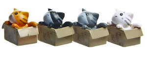 Set of 4 cute 3D cartoon cats in miniature cardboard boxes as decorative figurines