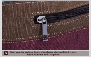 Close-up of bronze electroplated zipper and premium canvas stitching on striped bag