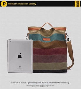 Canvas tote bag with multi-color horizontal stripes and iPad for size comparison