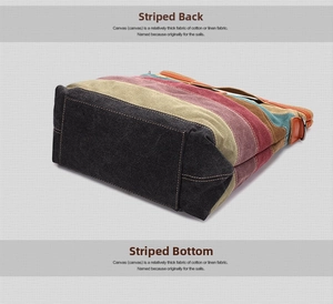 Detail view of the durable canvas tote bag showing the striped back and reinforced bottom