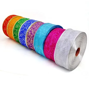 Set of 7 colorful Christmas decorative ribbons with metallic glitter spiral patterns