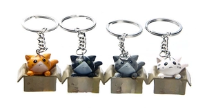 Detailed view of 4 cute cartoon cats in miniature boxes with metal keychains