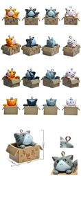 Detailed size specifications for 3D cartoon cat keychain figurines in cardboard boxes