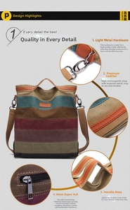 Detail view of striped canvas crossbody bag featuring premium leather handles and metal hardware