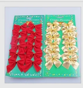 Set of 12 red flocked and gold tinsel Christmas bows for festive holiday tree decoration