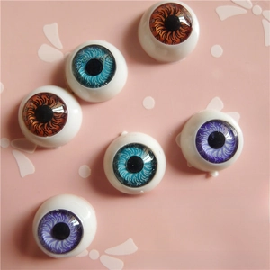 Detailed view of 12mm realistic doll eyes in brown, sky blue, and deep purple colors