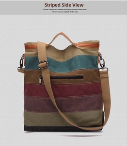 Detail view of the colorful striped canvas bag showing rear zipper pocket and strap
