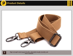 Detail of khaki canvas shoulder strap with dark nickel metal hooks and adjustable buckle