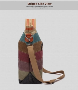 Detail of multi-color striped canvas crossbody bag with adjustable shoulder strap