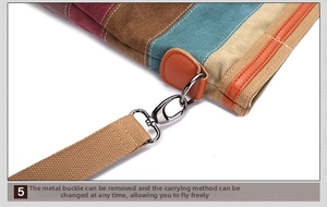 Detail of detachable metal hook and colorful striped canvas fabric with thick strap