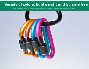 Close-up of colorful D-ring aluminum alloy carabiners with secure screw locking system