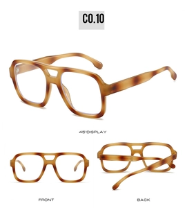 Detail view of tortoiseshell square sunglasses with double bridge and thick frames