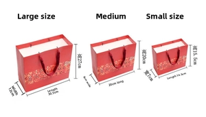 Size chart showing large, medium, and small red ethnic gift bags with dimensions in cm