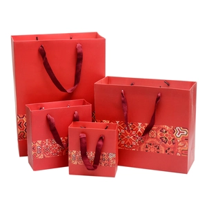 Red Gift Paper Bags With Ribbon Handles Traditional Ethnic Pattern Thick Cardboard For Wedding Holiday Birthday Parties