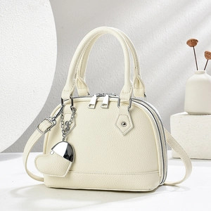 Minimalist cream white mini tote shell bag with lychee grain PU leather and heart charm