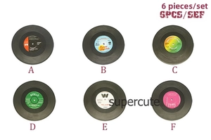 Detailed top view of 6-piece creative retro vinyl record coasters with colorful labels