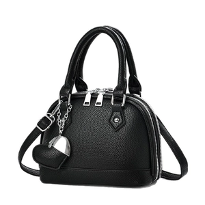 Classic black litchi pattern shell tote bag with heart charm and silver hardware