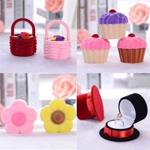 Velvet jewelry boxes in creative basket, cupcake, sunflower, and hat shapes