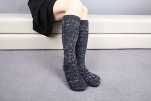 Close-up of thick cable knit texture on navy blue mixed yarn thermal winter socks