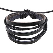 Detail of minimalist multilayer black leather and braided rope bracelet for couples